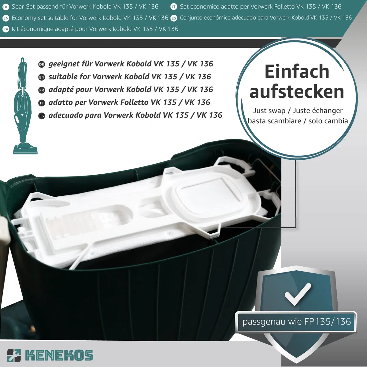 Kenekos - SET ECONÓMICO adecuado para Vorwerk Kobold 135/136 / 135SC / VK135 / VK136 12 bolsas de polvo + 2 filtros hepa + 2 filtros de protección del motor + 12x fragancias