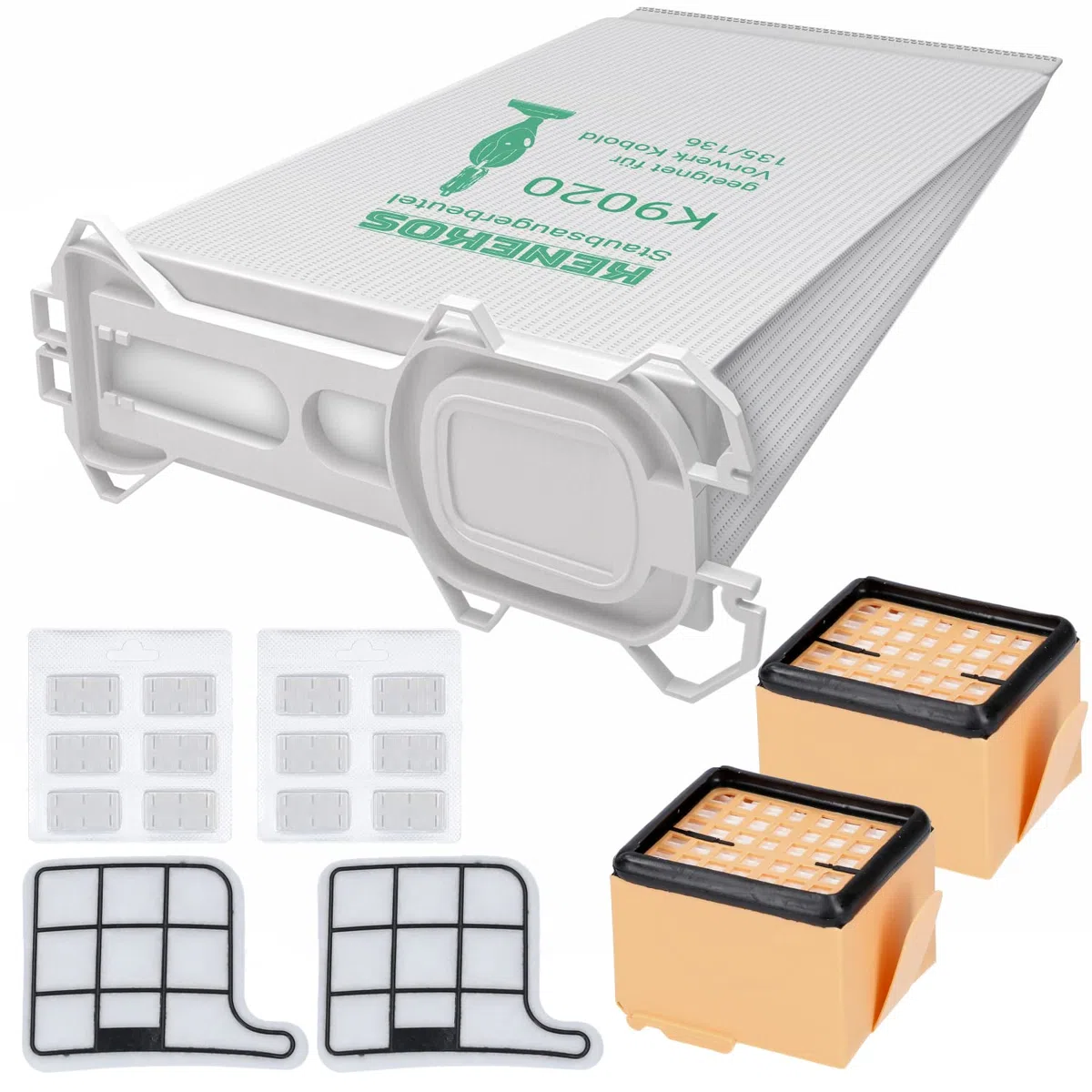 Kenekos - SET ECONÓMICO adecuado para Vorwerk Kobold 135/136 / 135SC / VK135 / VK136 12 bolsas de polvo + 2 filtros hepa + 2 filtros de protección del motor + 12x fragancias