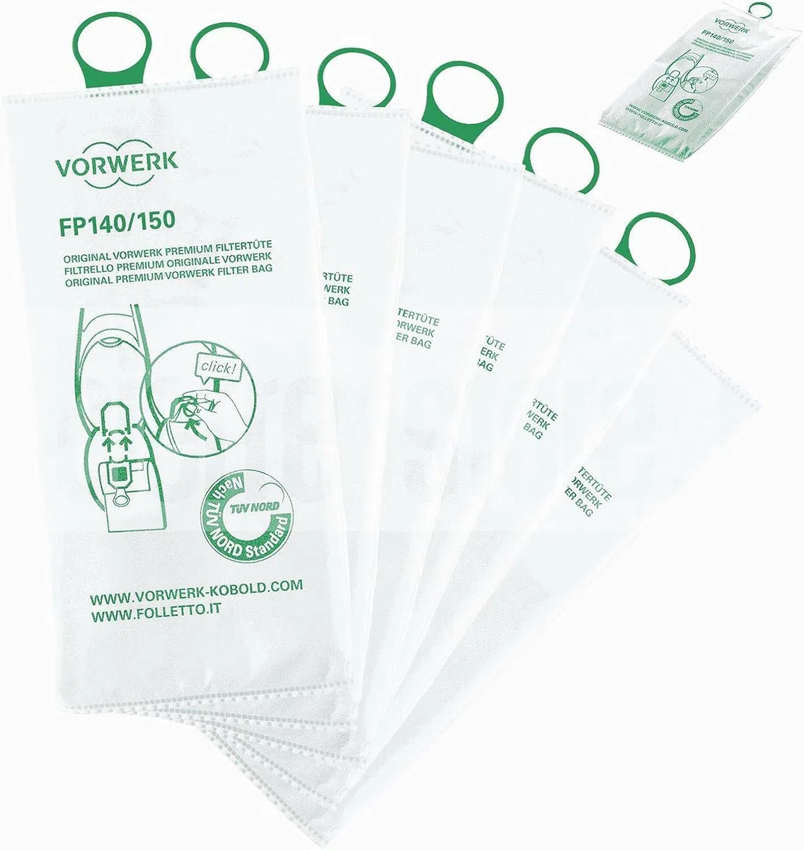 Bolsas originales, filtro premium, para aspiradora Vorwerk Folletto VK140, VK150, 6 unidades, 41432