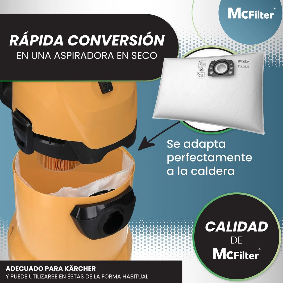 McFilter | 20 Bolsas de aspirador compatibles con Kärcher WD2 WD3 KWD1 KWD2 KWD3 WD3.200 - WD3.800 WD 3 V-17/4/20 M/SE4001/SE4002, se adapta a KFI 357 2.863-314.0