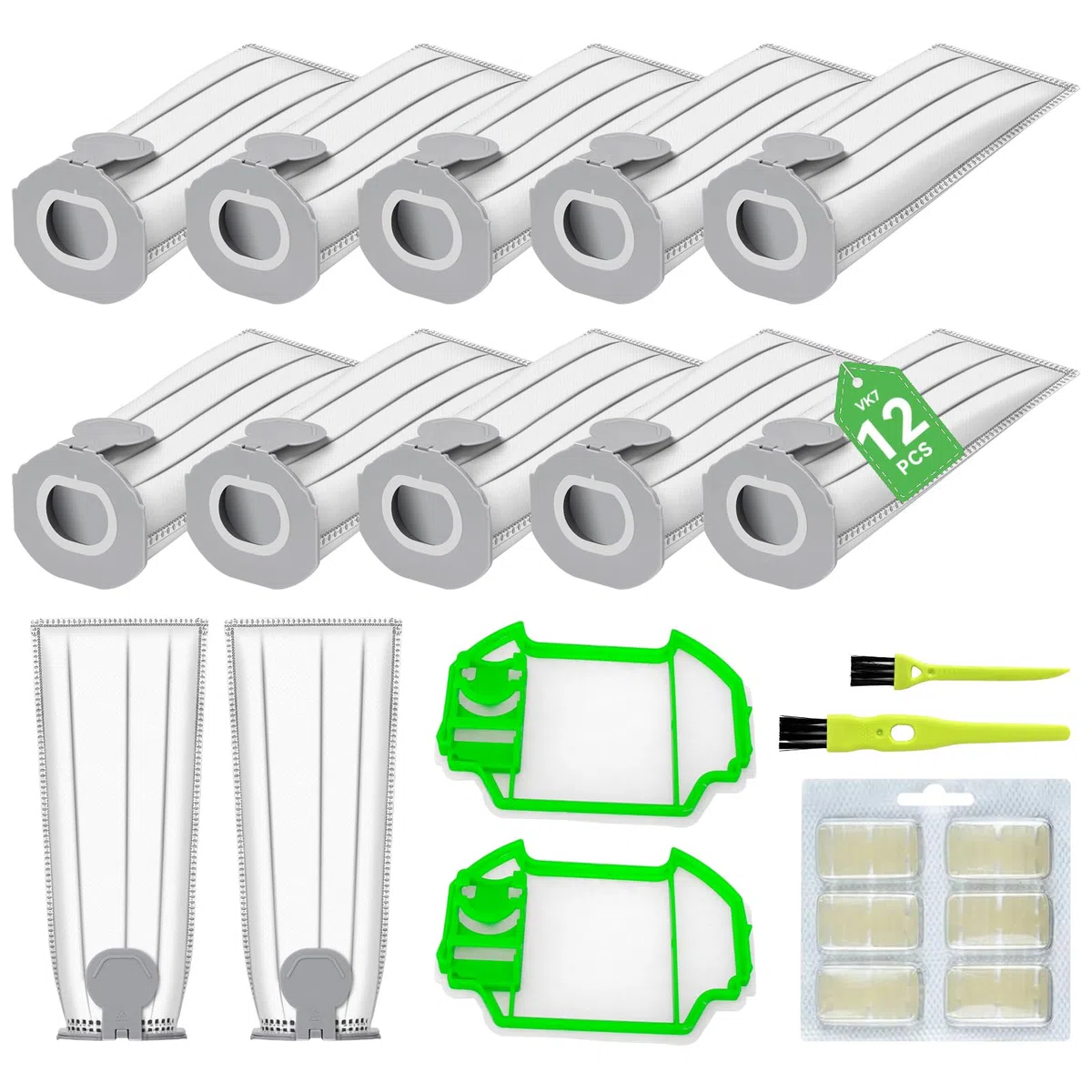 12 bolsas compatibles con Folletto VK7S VK7 FP7S FP7-12 bolsas de aspiradora de microfibra de 6 capas + 2 filtros de motor + 2 cepillos