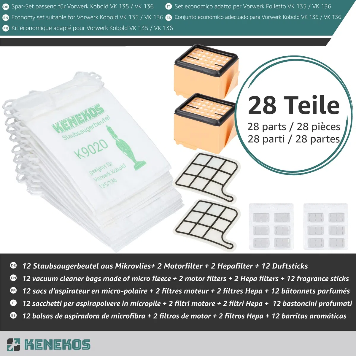 Kenekos - SET ECONÓMICO adecuado para Vorwerk Kobold 135/136 / 135SC / VK135 / VK136 12 bolsas de polvo + 2 filtros hepa + 2 filtros de protección del motor + 12x fragancias